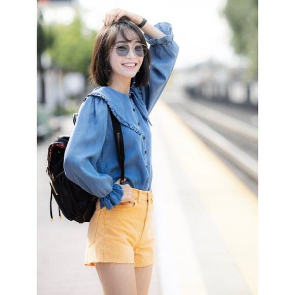 ZARA DENIM CHAMBRAY COLLARED BLOUSE TOP - Picture 9 of 10